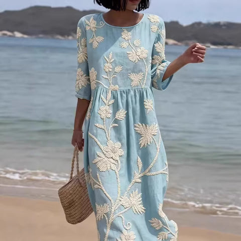 Women's medium and long sleeves side bag crew neck dress seaside vacation loose dress m302606
