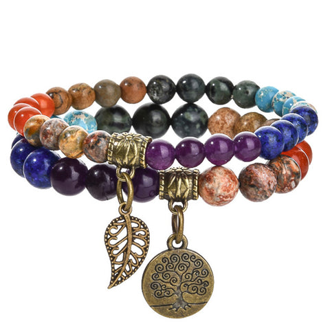Tree of Life Leaf Pendant Set Bracelet Colorful Tiger Eye Amethyst Agate Bracelet m3331289