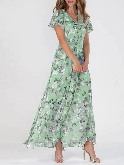 Beach pendulum long dress chiffon floral short-sleeved ruffle V-neck fashion waist dress m301342