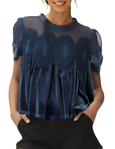Mesh embroidered lace round neck pullover solid color velvet loose top m302350