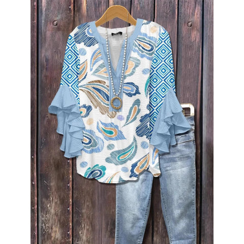 Floral element printing digital printing casual trend V-neck lotus edge T-shirt women's upper m302746