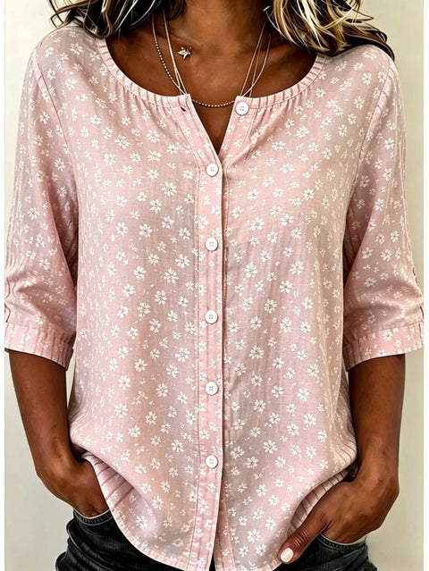 Women's Top Printed Casual Short Sleeve Collarless Shirt m303047