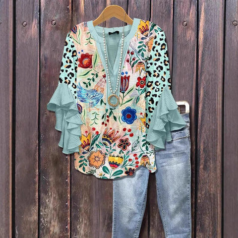 Creative floral element printing digital printing casual trend V-neck lotus edge T-shirt m301358