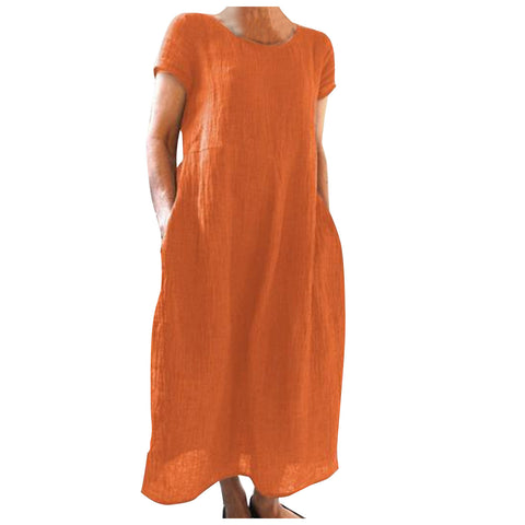 Solid color retro loose cotton and linen dress m301060