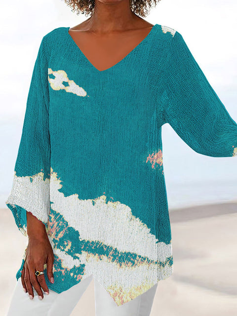 Women's printed animal natural scenery V-neck nine-quarter sleeve loose T-shirt m301289