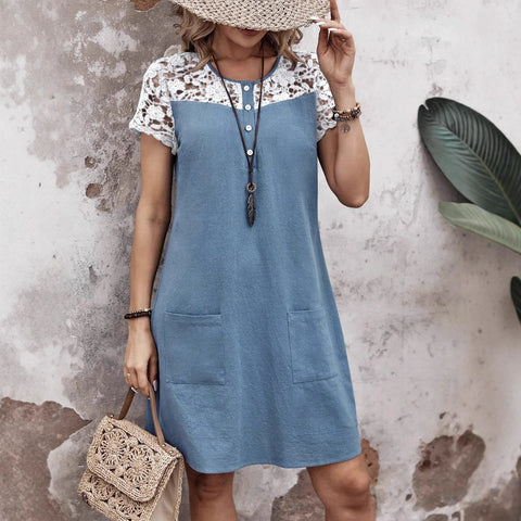 Spring and summer new women's clothing casual loose contrasting color lace splicing pocket dress m301448