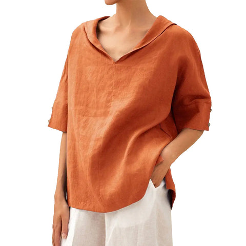 Solid color cotton and linen loose hooded top T-shirt m302700