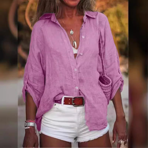 Women's Cotton and Linen Solid Color Loose 3/4 Sleeve Shirt M300358