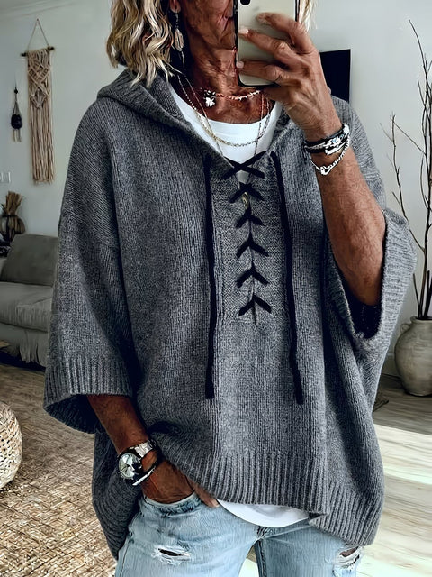 Strap-on hooded 7-point sleeve knitted sweater lazy loose pullover sweater m303004