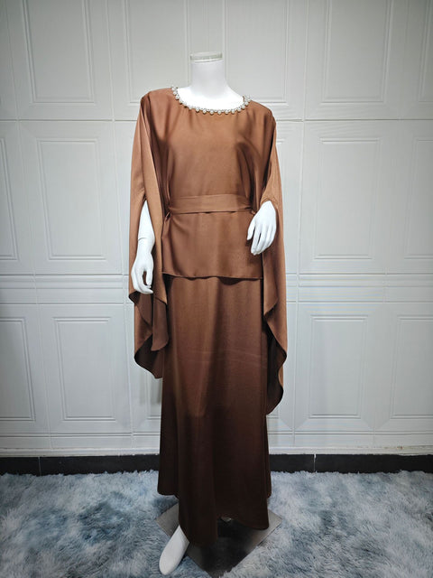 Fashion bead chain decorative fake two-piece set lace-up waist robe dress m301184