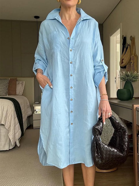 Women's dress cotton and linen shirt long dress fashion casual long sleeve cardigan dress m301932