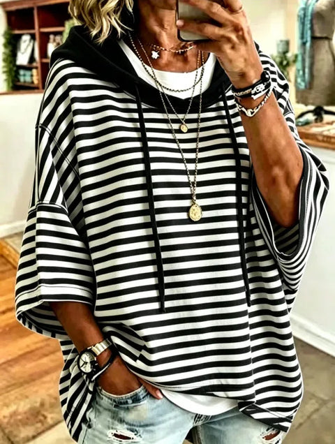 Women's new loose casual striped hooded seven-quarter-sleeved sweater pullover hoodie m302998