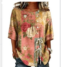 Temperament women's long-sleeved shirt printed top lace-up shirt m302925