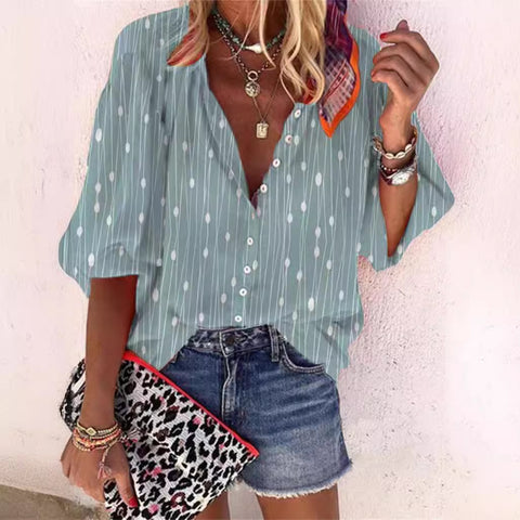 Fashion summer European and American women's clothing stand-up collar loose button retro printed casual shirt m301723