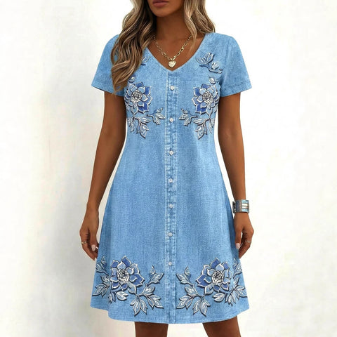 Women's floral long dress opaque imitation denim short-sleeved dress m302400