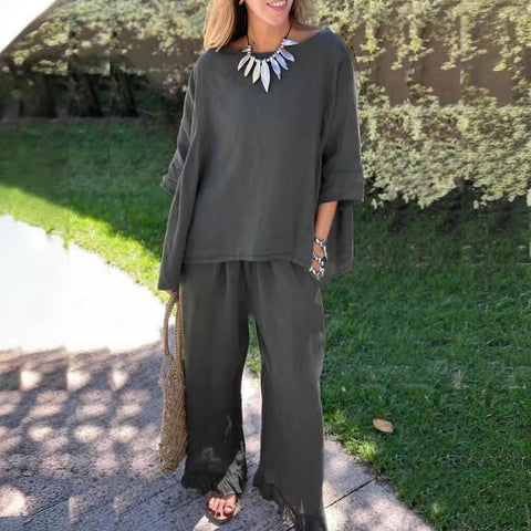 Cotton and linen suit women's solid color loose casual trousers two-piece set m303019