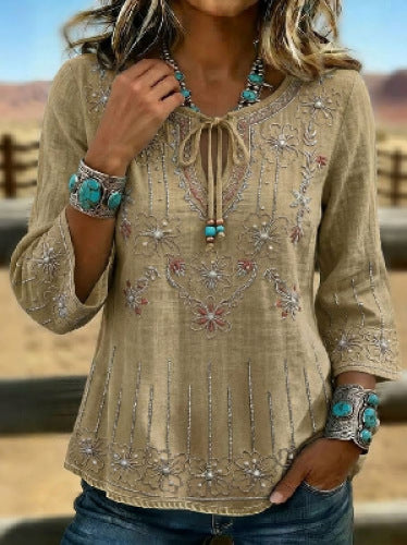 Crew neck long sleeve imitation hemp women's loose top m303045
