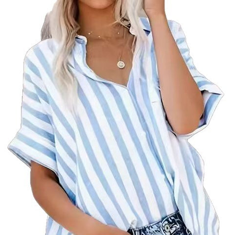 Versatile blue and white striped casual women's short-sleeved shirt m302415
