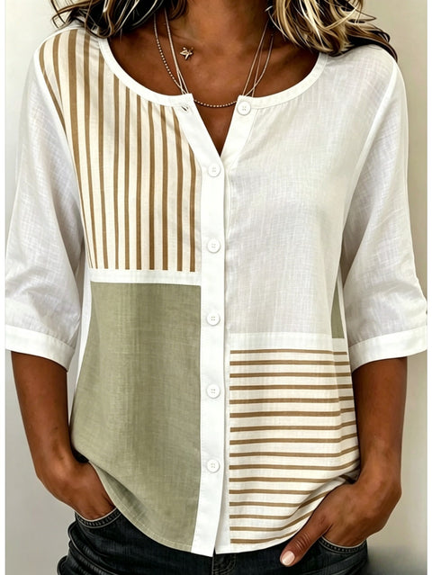Women's Top Printed Casual Short Sleeve Collarless Shirt m303047