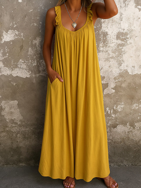 Casual suspender U-neck regular pleated multi-color women's dress m301443