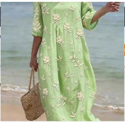 Women's medium and long sleeves side bag crew neck dress seaside vacation loose dress m302606