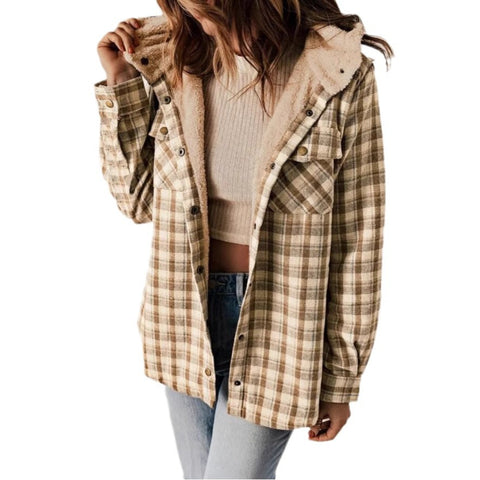 Women's plaid jacket long-sleeved hairy hooded jacket jacket with pockets m302153