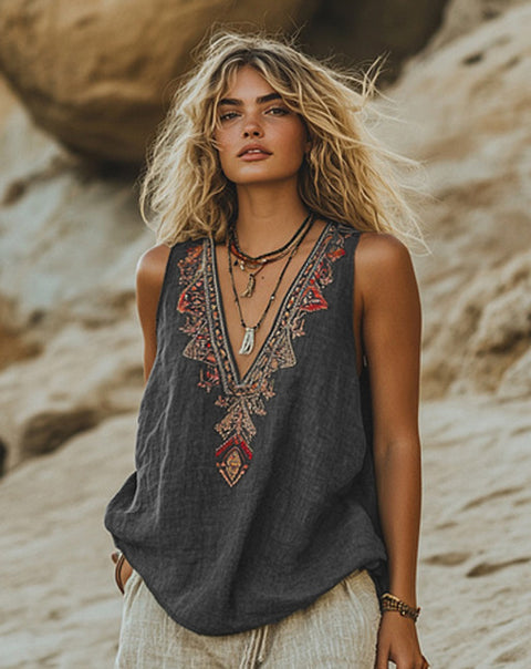 Plant flower print V-neck ethnic tribal vest top m301533