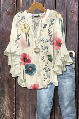 Creative floral element printing digital printing casual trend V-neck lotus edge T-shirt m301352