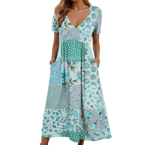 Casual V-neck short-sleeved pocket digital printing women's dress long dress m301426