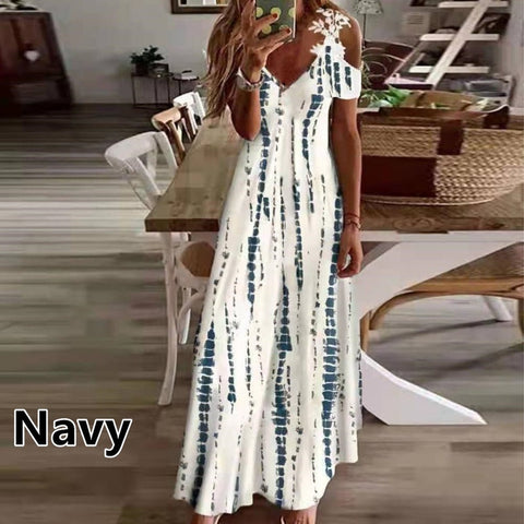 Summer new lace suspender v-neck fashion printed loose dress m301218
