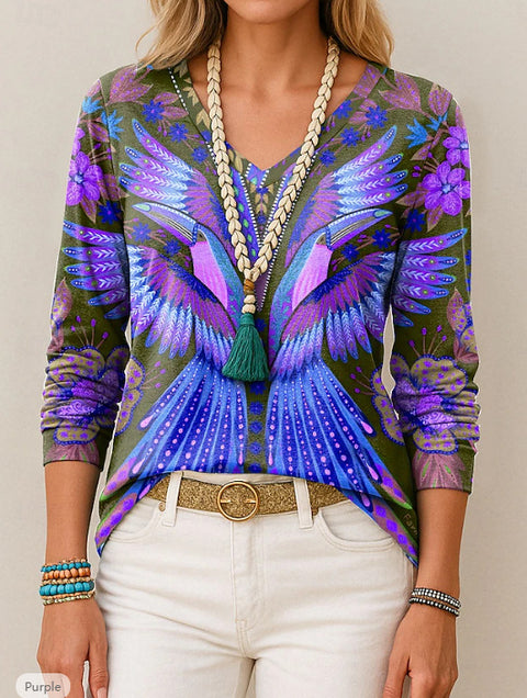 Printed loose long-sleeved V-neck T-shirt m301566