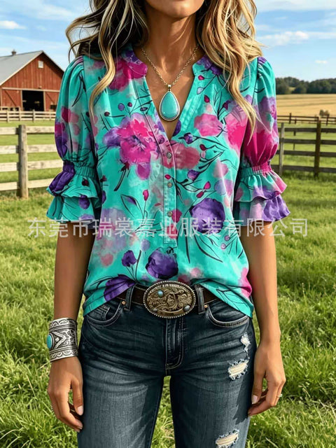 V-neck three-button top digital print horn-sleeved shirt FF303334