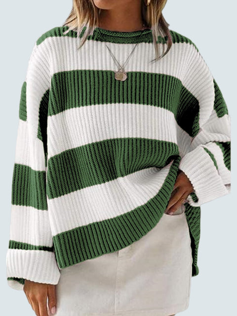 Crew neck long sleeve striped knitted sweater flared sleeve loose sweater women m301591