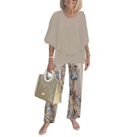 Casual round neck medium sleeve top printed flower pants set two-piece set m301465