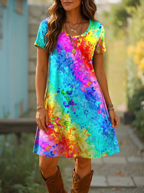 Versatile polka dot flower short-sleeved round neck medium and long skirt m302614