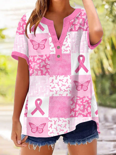 Printed V-neck pullover short-sleeved T-shirt m303021