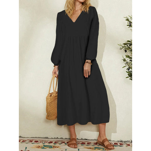 Women's cotton and linen loose lantern sleeve dress m301242