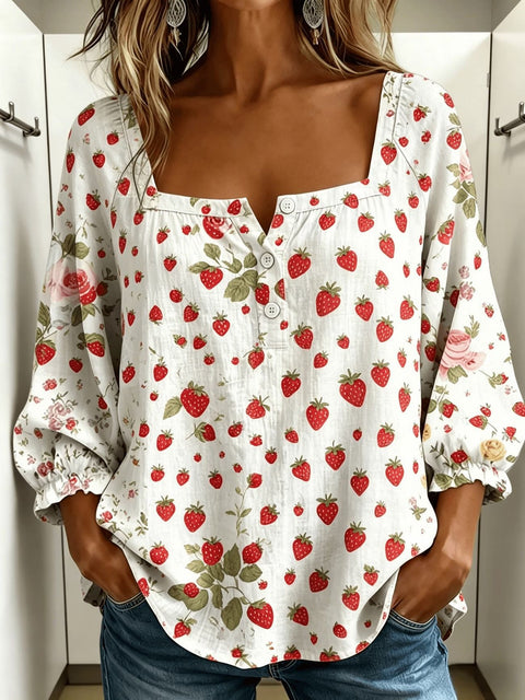 Floral print 3-button elegant wide neck top m302847
