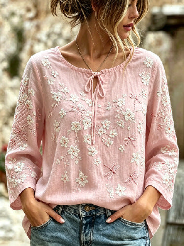 Crew neck long sleeve imitation hemp women's loose top m303045
