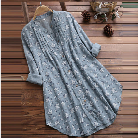 Women's shirt V-neck pleated flower print long-sleeved casual top shirt m301874