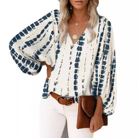 V-neck shirt printed lantern sleeve women's top m301626