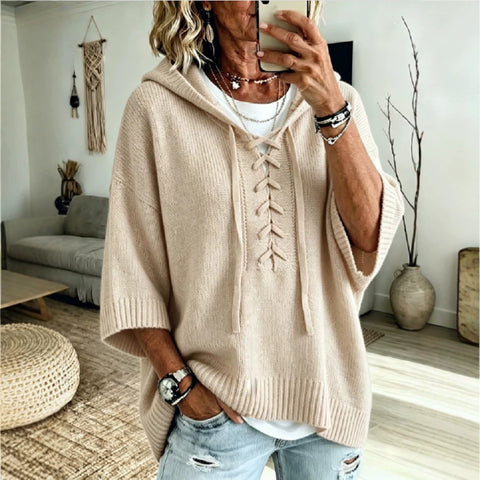 Strap-on hooded 7-point sleeve knitted sweater lazy loose pullover sweater m303004