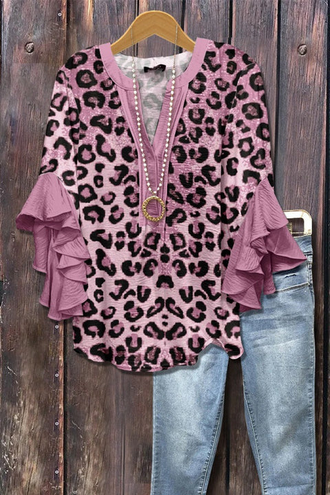 Digital printing casual trend V-neck lotus edge T-shirt women's m302725-2