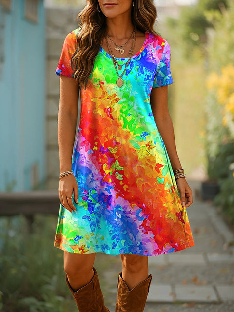 Versatile polka dot flower short-sleeved round neck medium and long skirt m302614