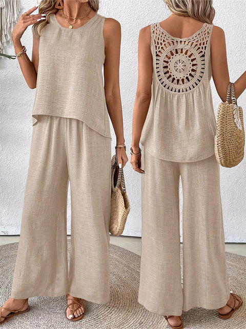 Spring and summer solid color hollow lace two-piece fashion casual vest wide-leg pants trousers m301367