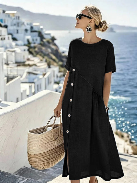Casual button-down pocket mid-length dress m302438