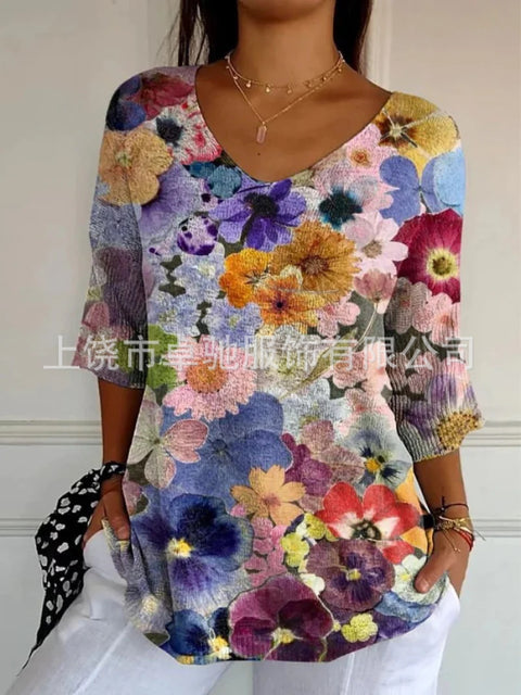 V-neck 3D printed geometric pattern five-quarter sleeve T-shirt top m302777