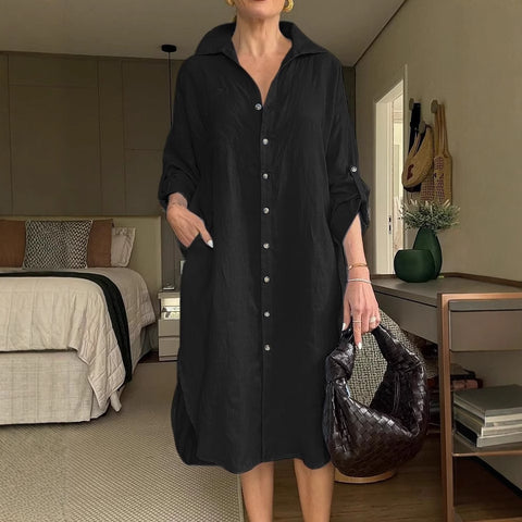Women's dress cotton and linen shirt long dress fashion casual long sleeve cardigan dress m301932