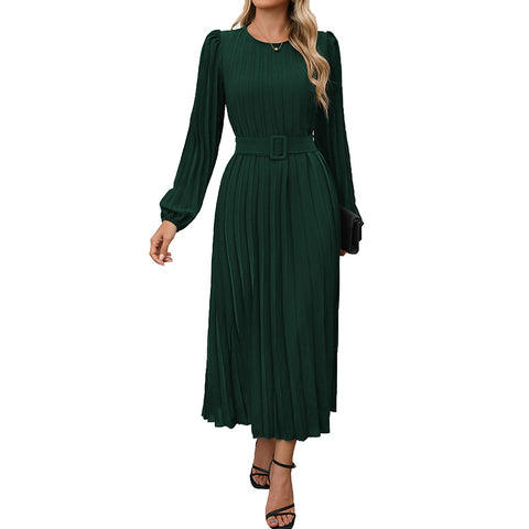 Dress long sleeve pleated round neck high waist long dress women m300809
