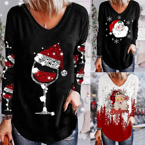Loose 3D V-neck long-sleeved T-shirt women's Christmas printed bottoming shirt m302098